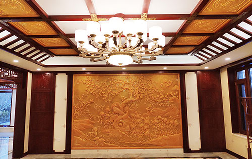 庄浪中式别墅客厅中式木作横梁吊顶装饰展示